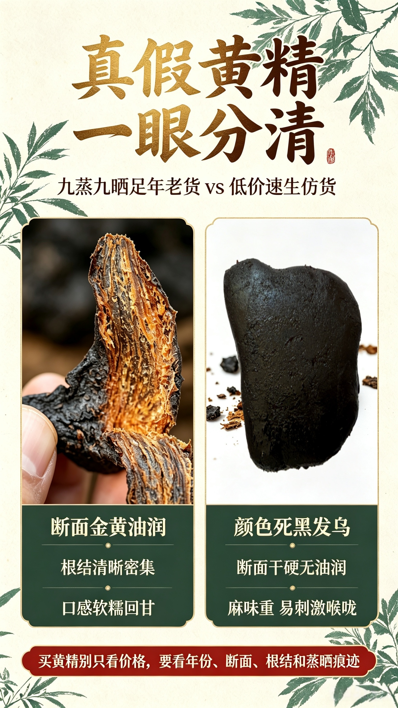 真假黄精对比图:正品断面金黄油润、根结清晰、口感软糯回甘;假货颜色死黑发乌、断面干硬、麻味重
