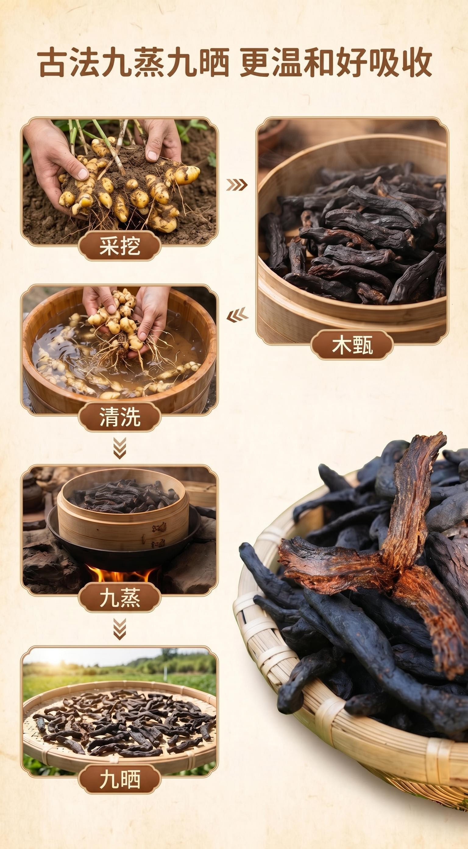 古法九蒸九晒五道工序:采挖、清洗、木甄、九蒸、九晒